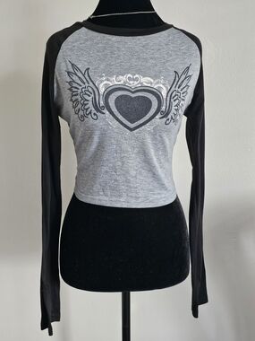 SHEIN Grey/black Long-Sleeve  Crop Top